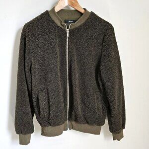 Mirol Army Green Sherpa Fleece Zip Up Bomber Jacket Coat Medium